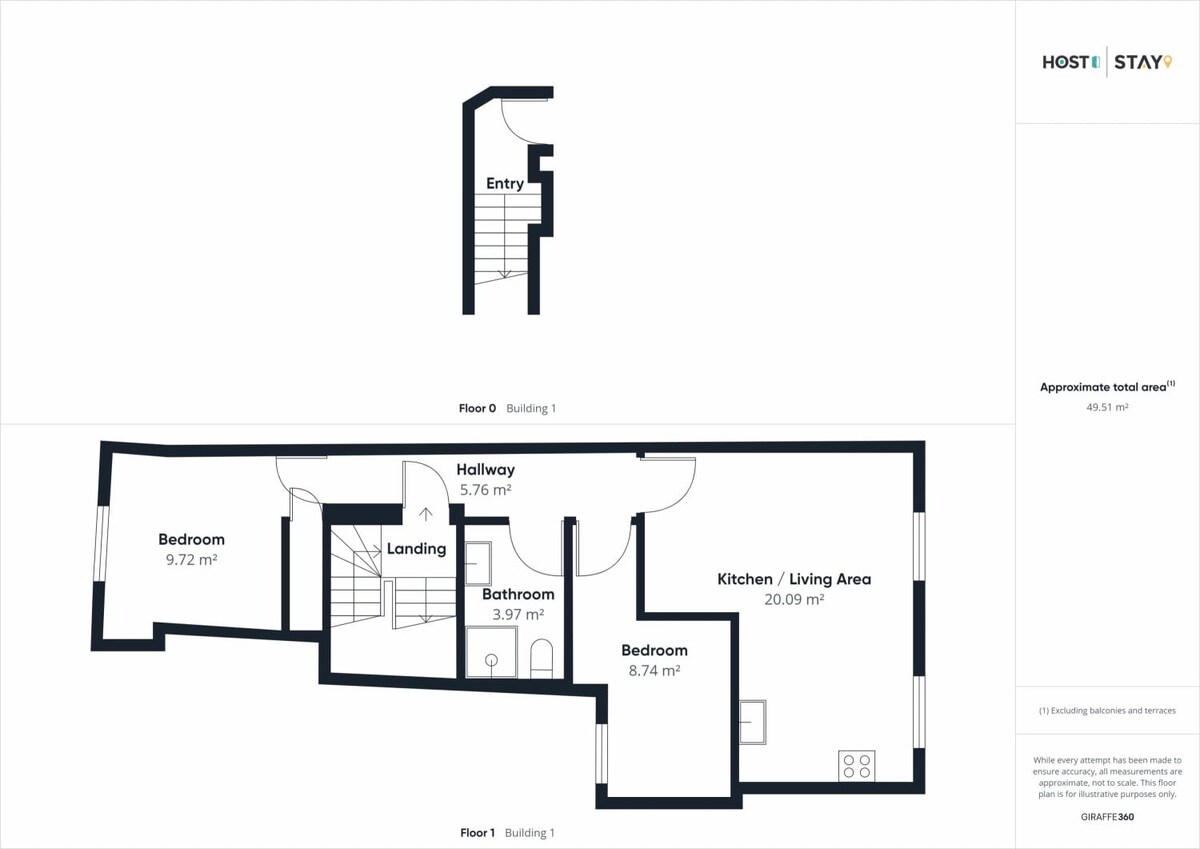 A detailed floor plan illustrating the layout of "Apartment One" across two levels, showing an entry on Floor 0 and a hallway, two bedrooms, a bathroom, and a kitchen/living area on Floor 1, with total approximate area of 49.51 m².