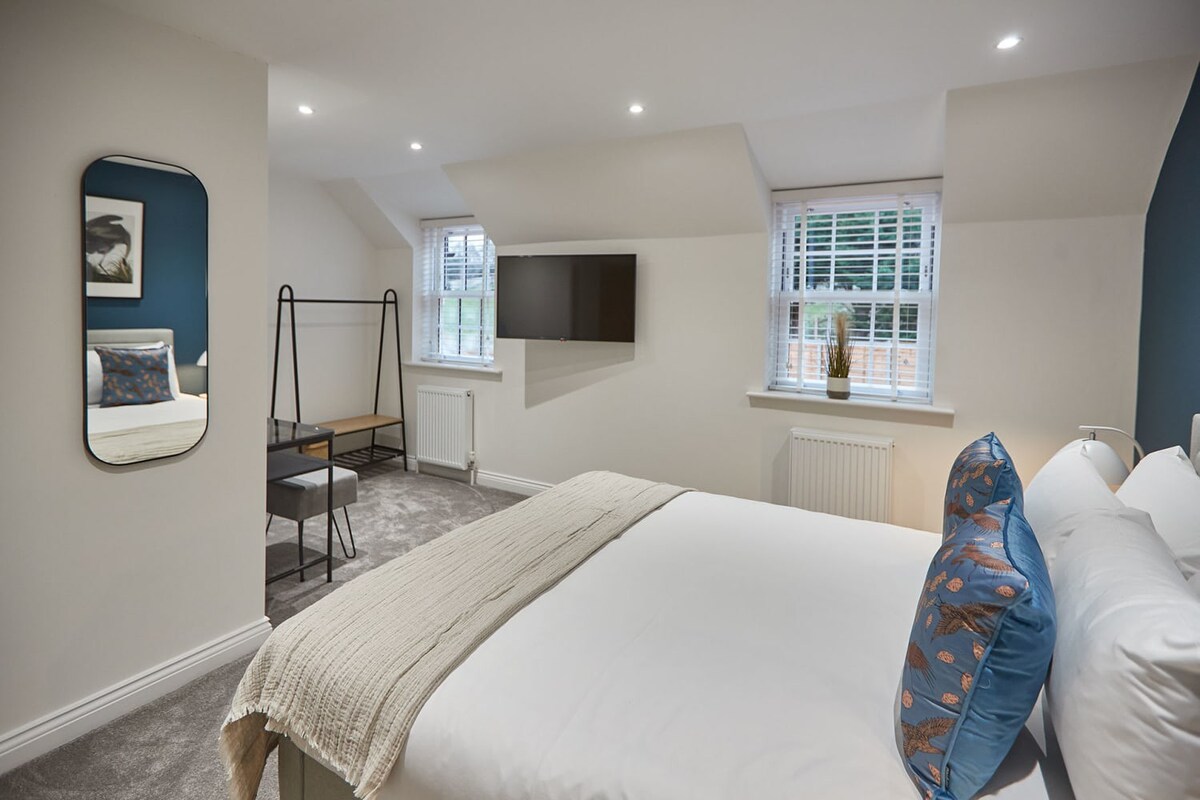 View of a bright bedroom with light grey carpet, white walls, and a bed with white linens and blue accent pillows. Two windows with white blinds are visible, along with a wall-mounted TV and a clothes rack.