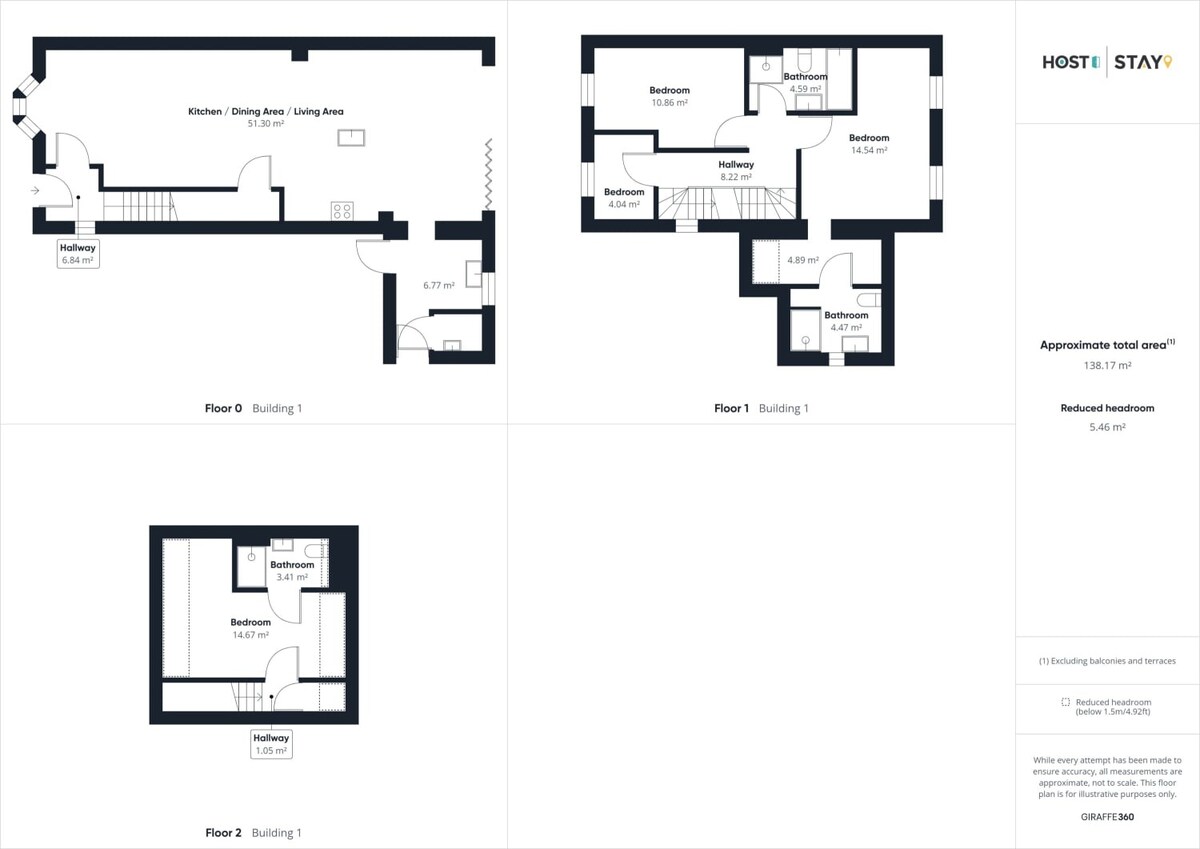 A detailed floor plan illustrating the layout of a multi-story house, showing room dimensions in square meters for the kitchen, living area, bedrooms, and bathrooms across three floors.