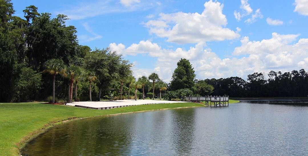 Peaceful lake view w/ calm water and tree-lined edges.