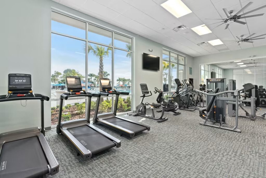 Fitness center w/ modern equipment makes it easy to keep up routines.