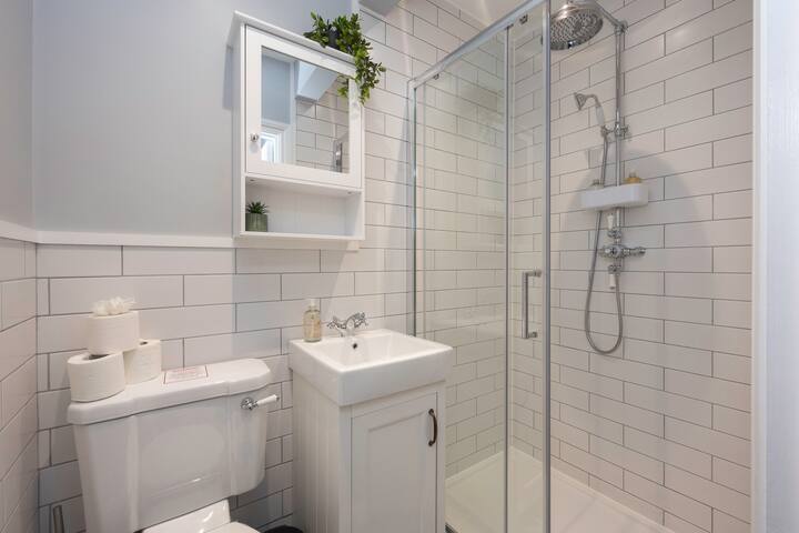 A modern bathroom featuring a glass-enclosed shower with white subway tiles, a white toilet, and a small sink vanity with a mirrored wall cabinet above, all against light grey walls.