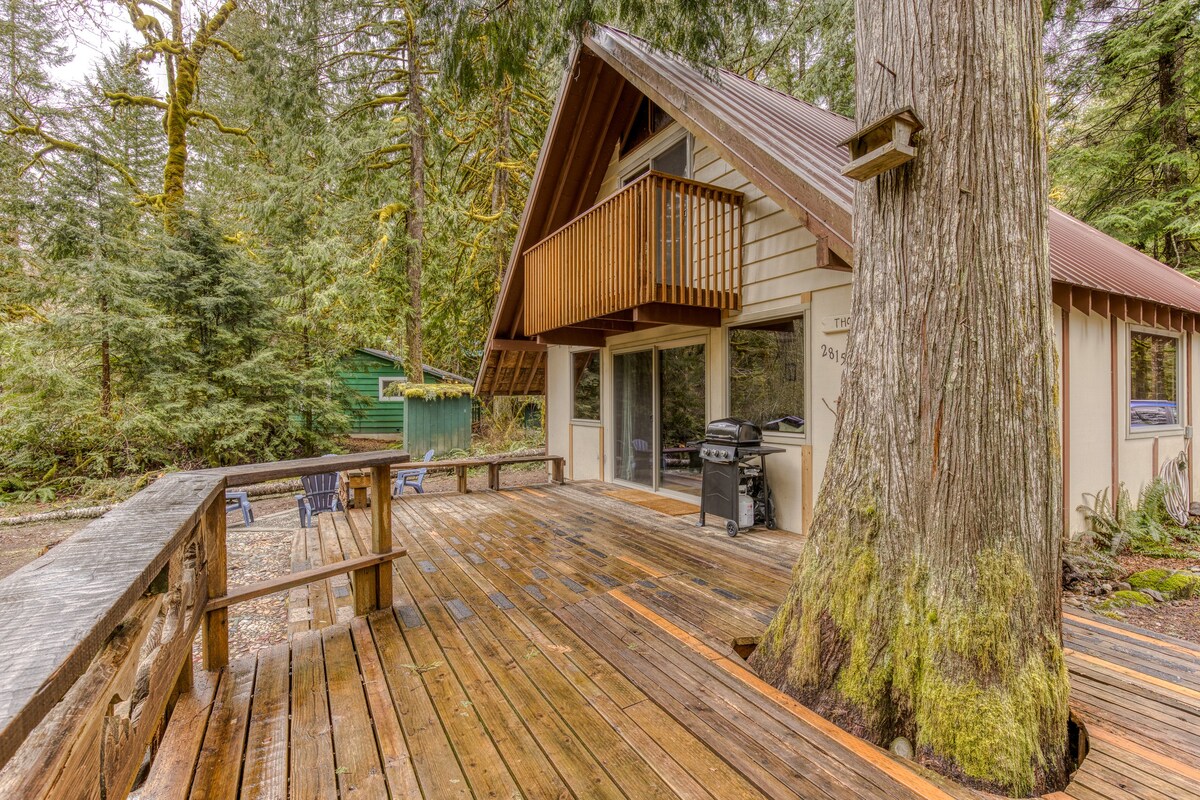 A rustic A-frame cabin features a large wooden deck with a BBQ grill and a mature tree growing through it, set amidst a dense forest.