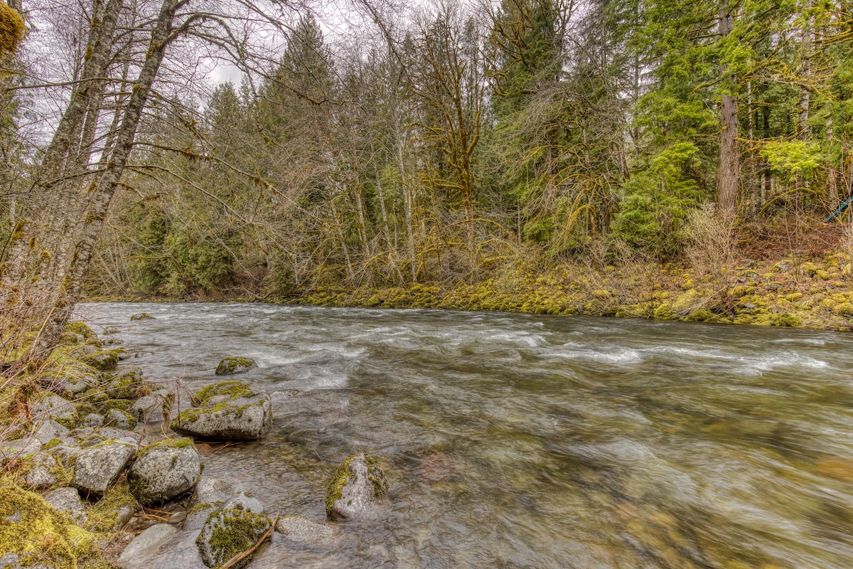 A wide, fast-flowing river with rapids and moss-covered rocks along its banks, surrounded by a dense, lush forest under an overcast sky.