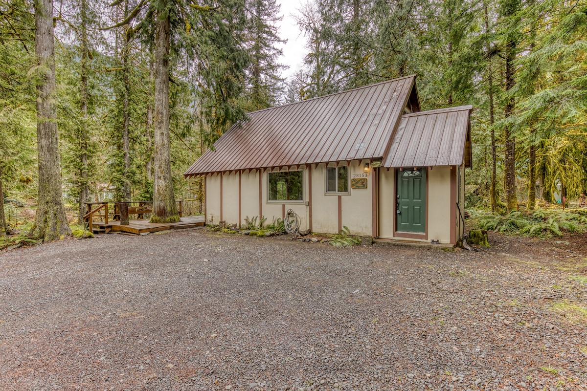 The front exterior of a charming A-frame cabin with a metal roof and a dark green front door, set on a gravel driveway surrounded by tall forest trees.