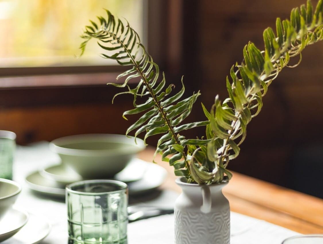 A close-up shot of a white textured vase holding vibrant green fern fronds, placed on a wooden dining table with blurred place settings in the background.