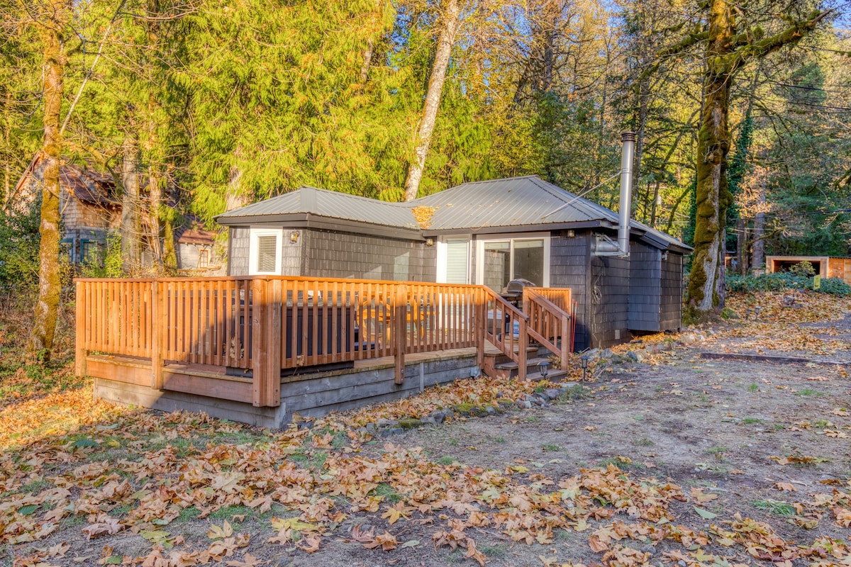 A charming dark-sided cabin with a metal roof and a wooden deck, nestled among tall trees with autumn leaves. The yard is covered in fallen leaves, suggesting a cozy fall setting.