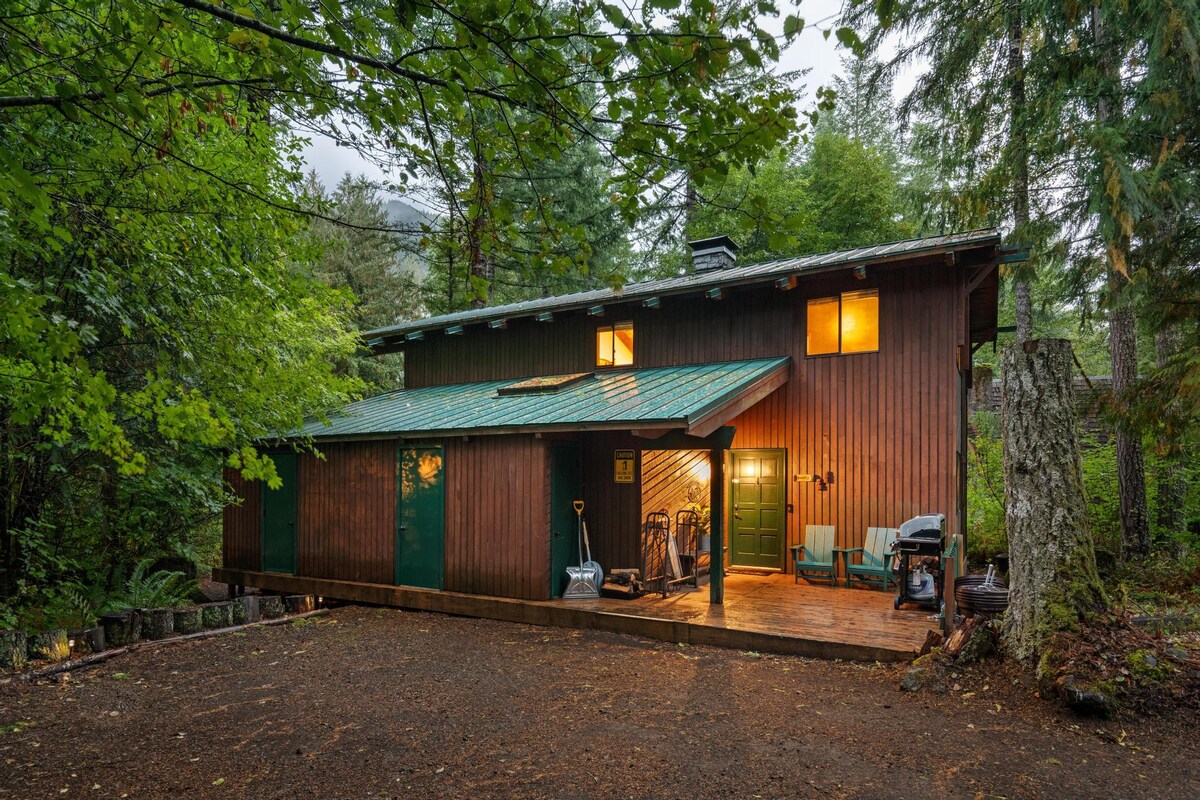 A rustic wooden cabin with a green roof, featuring a spacious wooden deck on the side with a grill and seating. The property is set amidst a dense forest, with a dirt parking area in the foreground.