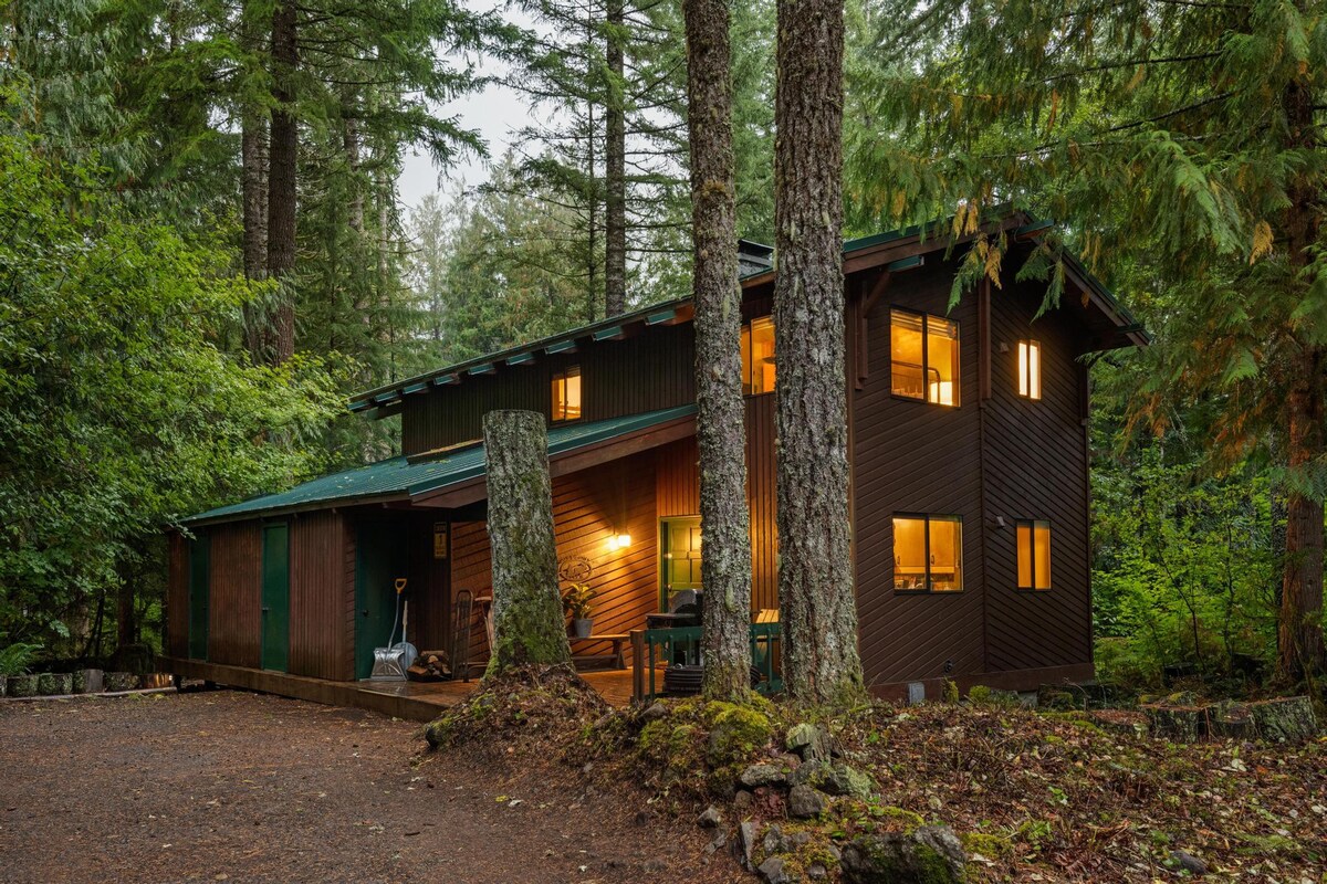 The side exterior of a rustic wooden cabin with a green metal roof, surrounded by tall evergreen trees. A dirt driveway leads up to the house, with warm lights glowing from the windows.