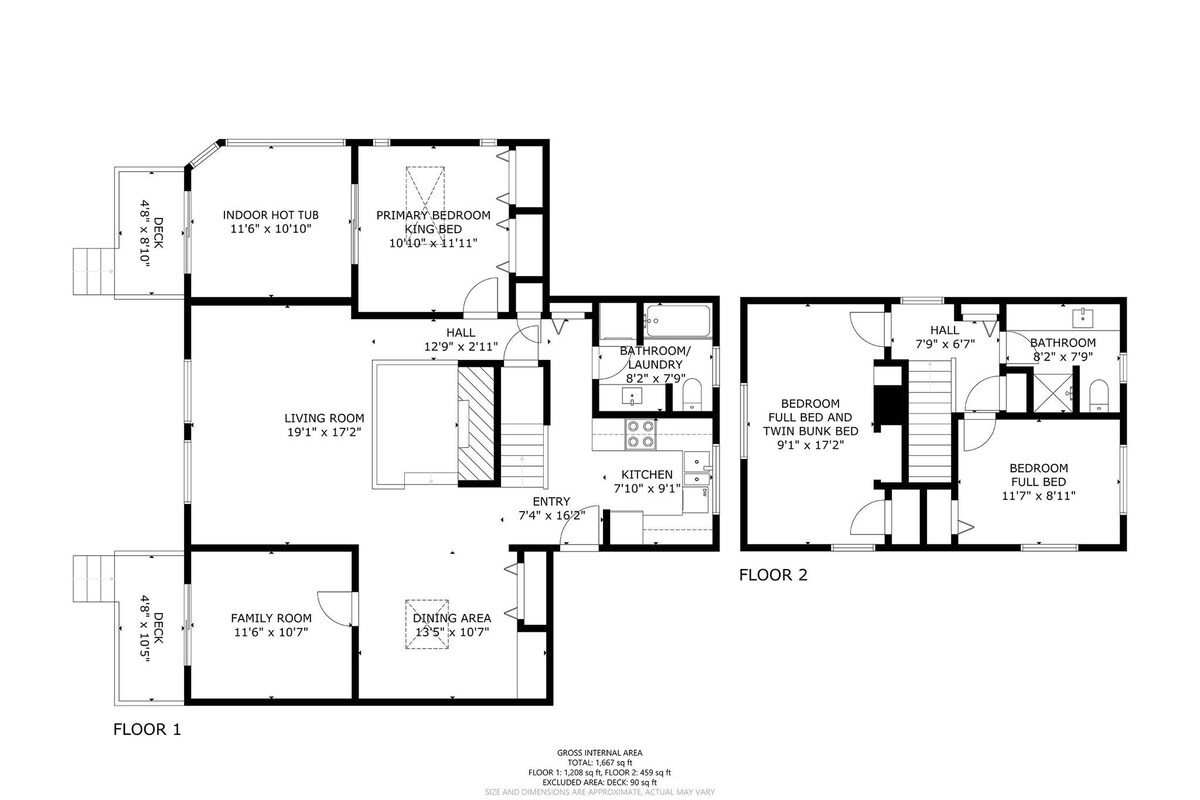 Detailed floor plan illustrating the layout of a two-story house, showing room dimensions, an indoor hot tub, kitchen, living room, dining area, and multiple bedrooms and bathrooms.