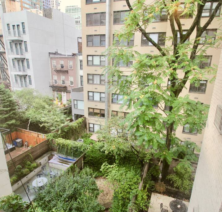 Aerial view down into a landscaped rear garden and rooftop pool deck between brick townhouses.