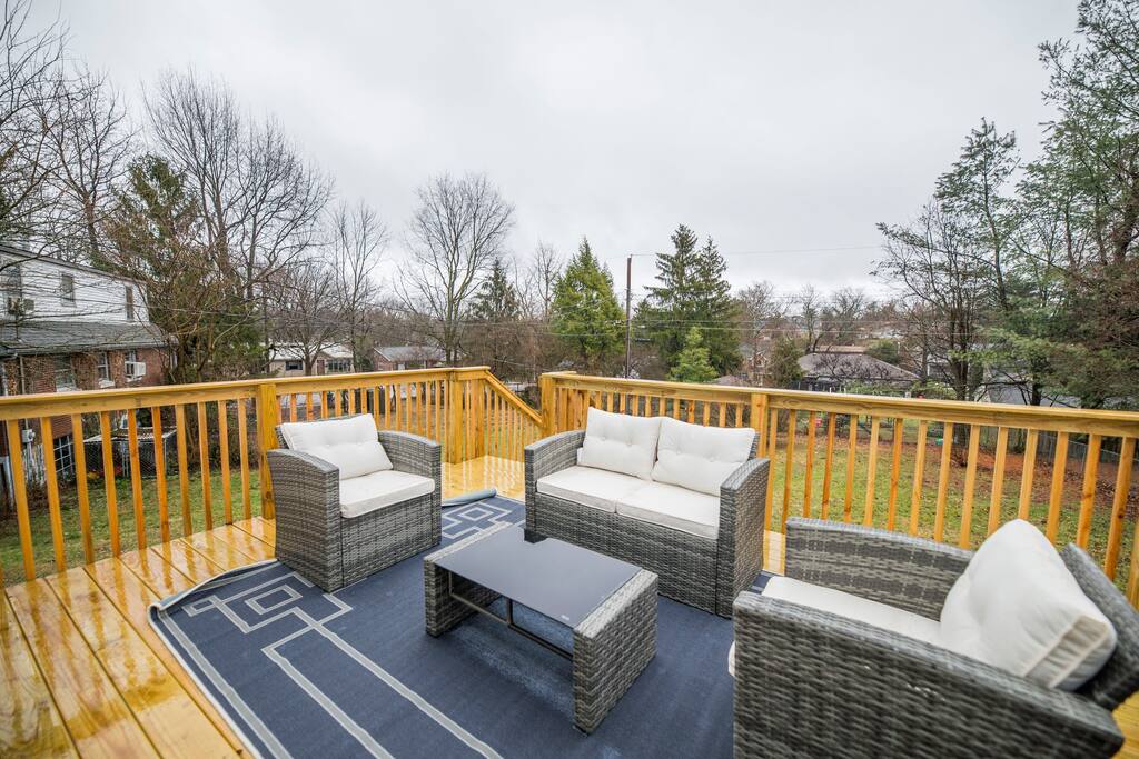 Step outside to the deck for morning coffee or evening drinks, with the real fire pit just steps away in the yard below.