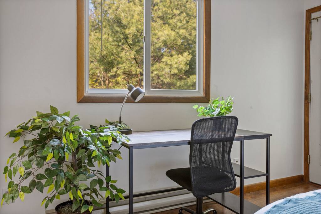 Desk by Window
Perfect for remote work or journaling, this desk setup sits by a sunny window surrounded by plants and peaceful forest views.