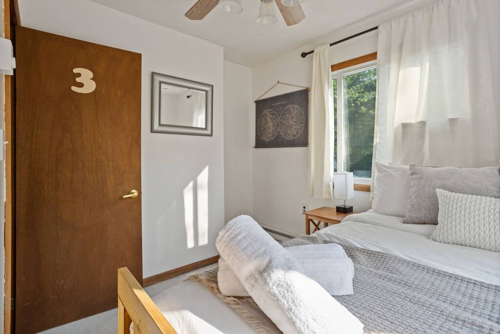 This soft, sunlit room offers peaceful vibes, simple decor, and easy flow with beautiful light all day long.