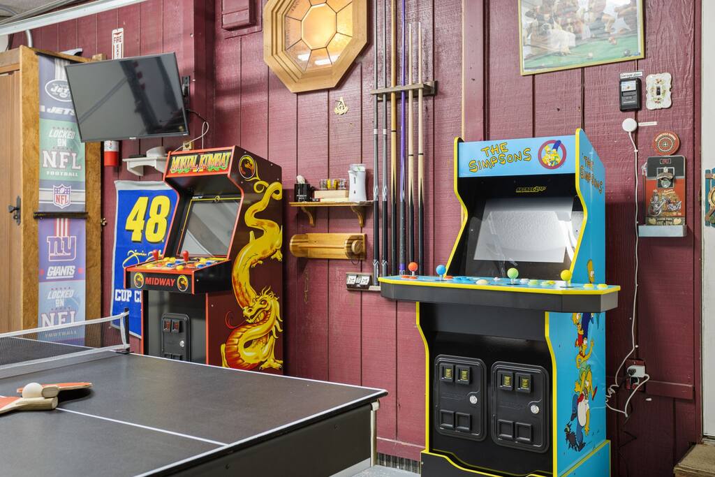 Garage Arcade Zone
The game garage delivers full-on nostalgia with classic arcade machines, bold colors, and a space built for friendly competition.  

(UPDATE: The Simpsons arcade is temporarily out of order until further notice.)